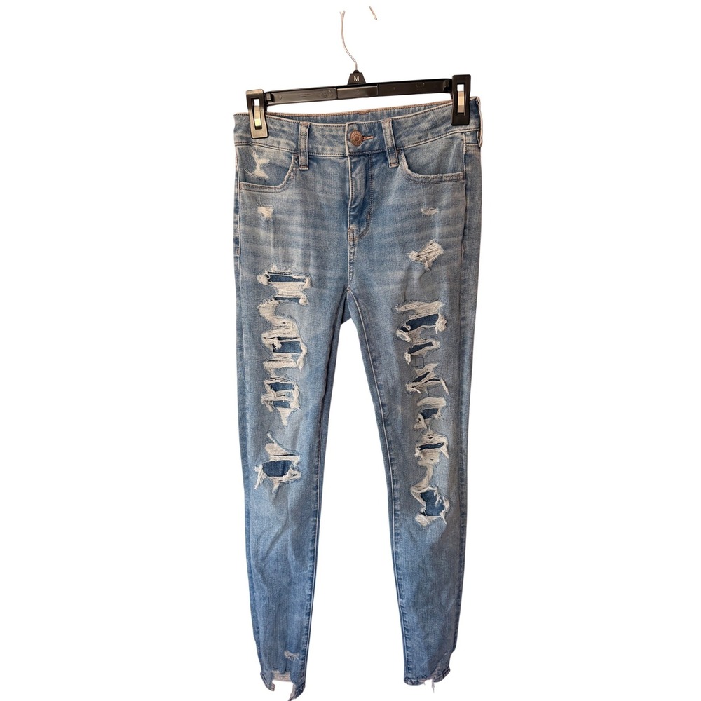 American Eagle Dream Jean Jeggings Light Wash Distressed Ripped Denim 2 Long